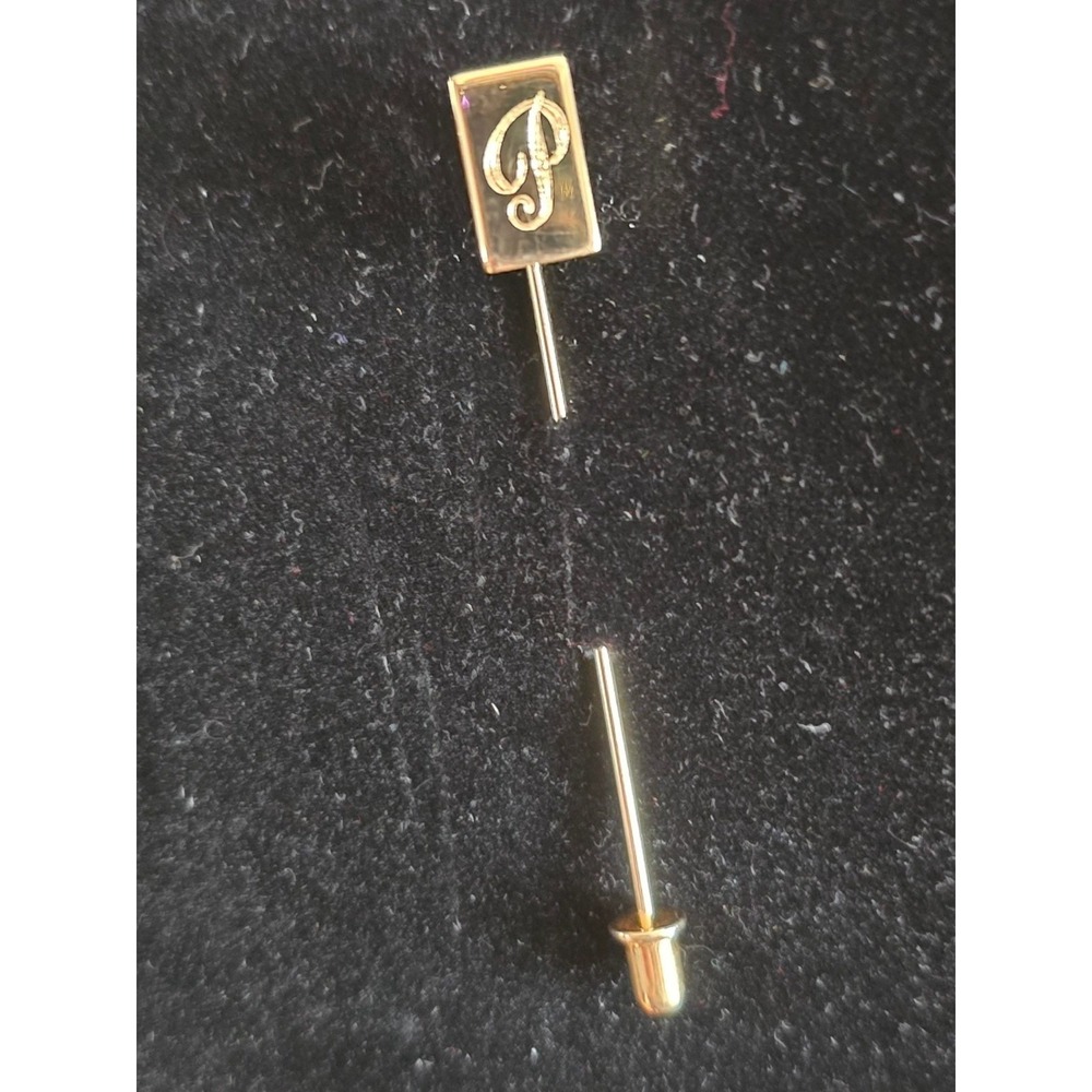 Vintage Gold Plated Stick Lapel Pin Engraved Initial P Monogram Classic Preppy